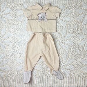 Vintage 1980s Baby Togs Boy 3-6 Months Tan Bear Applique Shirt Footie Pants Set